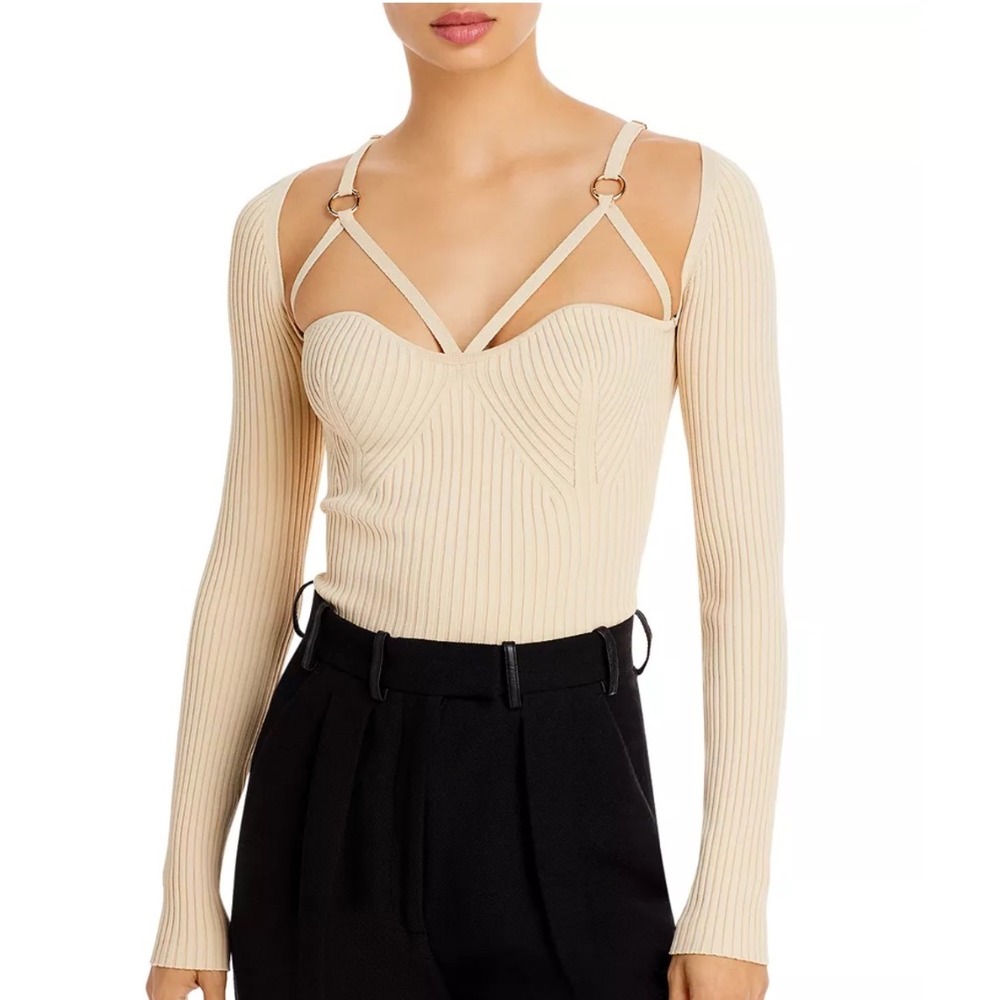 Nicholas Janine Ribbed Long Sleeve Top Sz S Cage Cutout Harness‎ Top Corset Gold